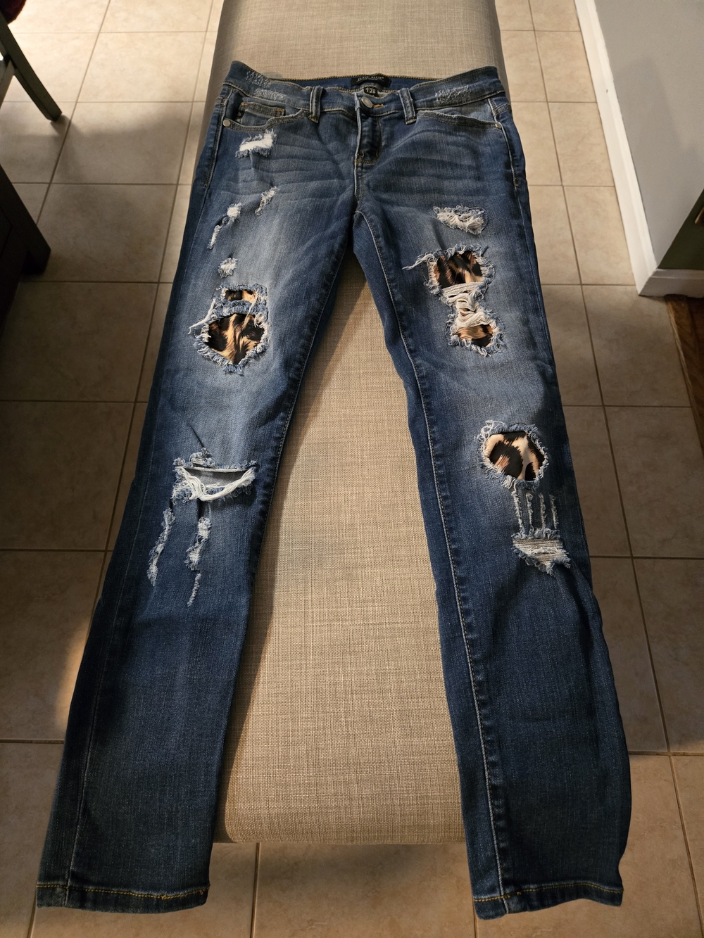 Judy Blue Dark Blue Skinny Jeans with Leopard Patch Rips